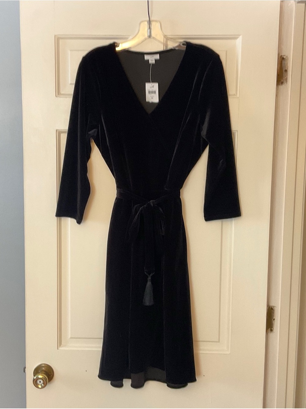 J. Jill Black Velvet Faux Wrap Dress Medium NWT Tassel Tie Belt Party Cocktail